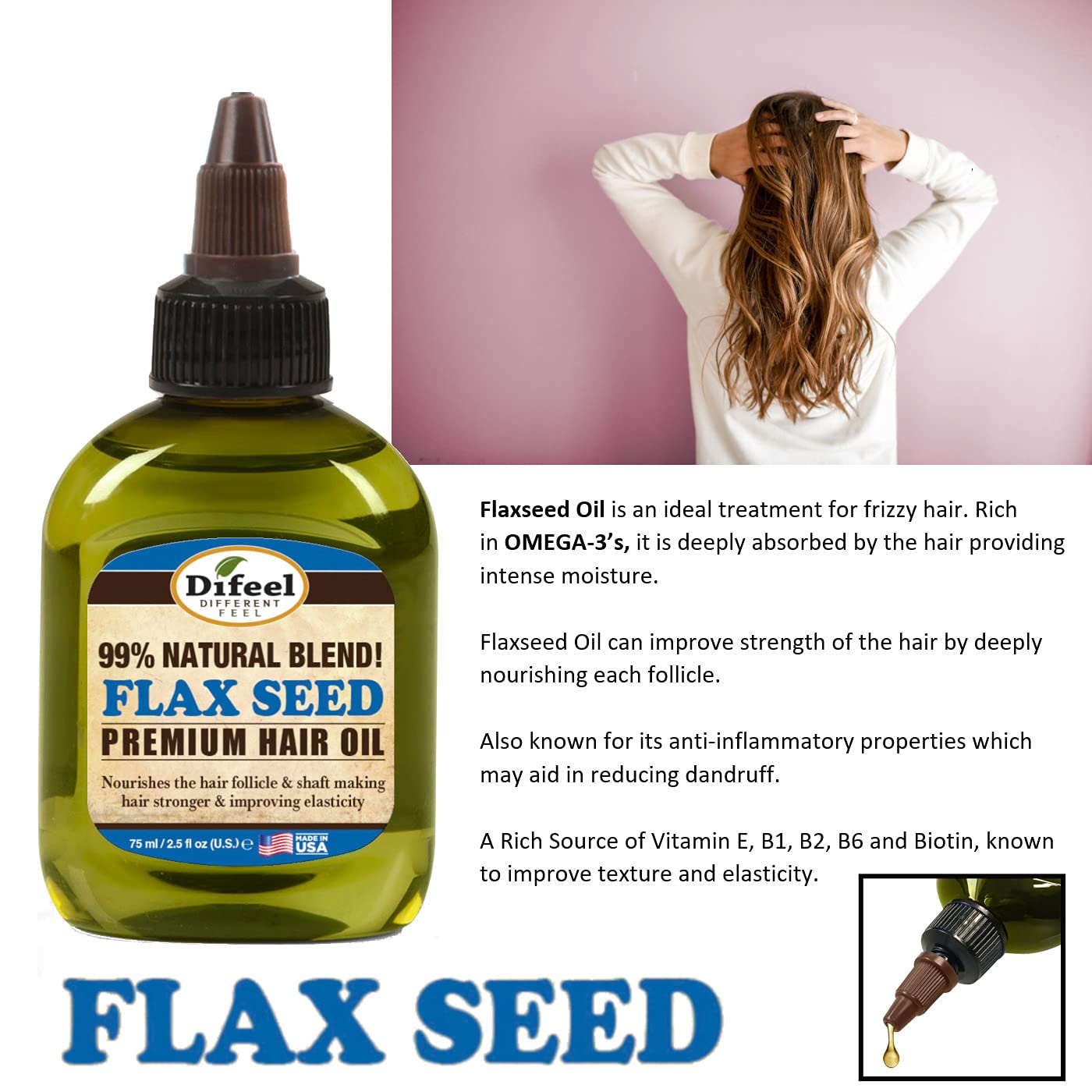 Difeel Premium Natural Hair Oil - Flax Seed Hair Oil 2.5 oz. - Strengthening & Moisturizing Hair Oil Treatment
